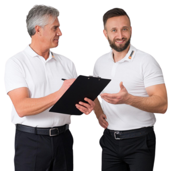 Zwei Entrümpler bei der Angebotserstellung