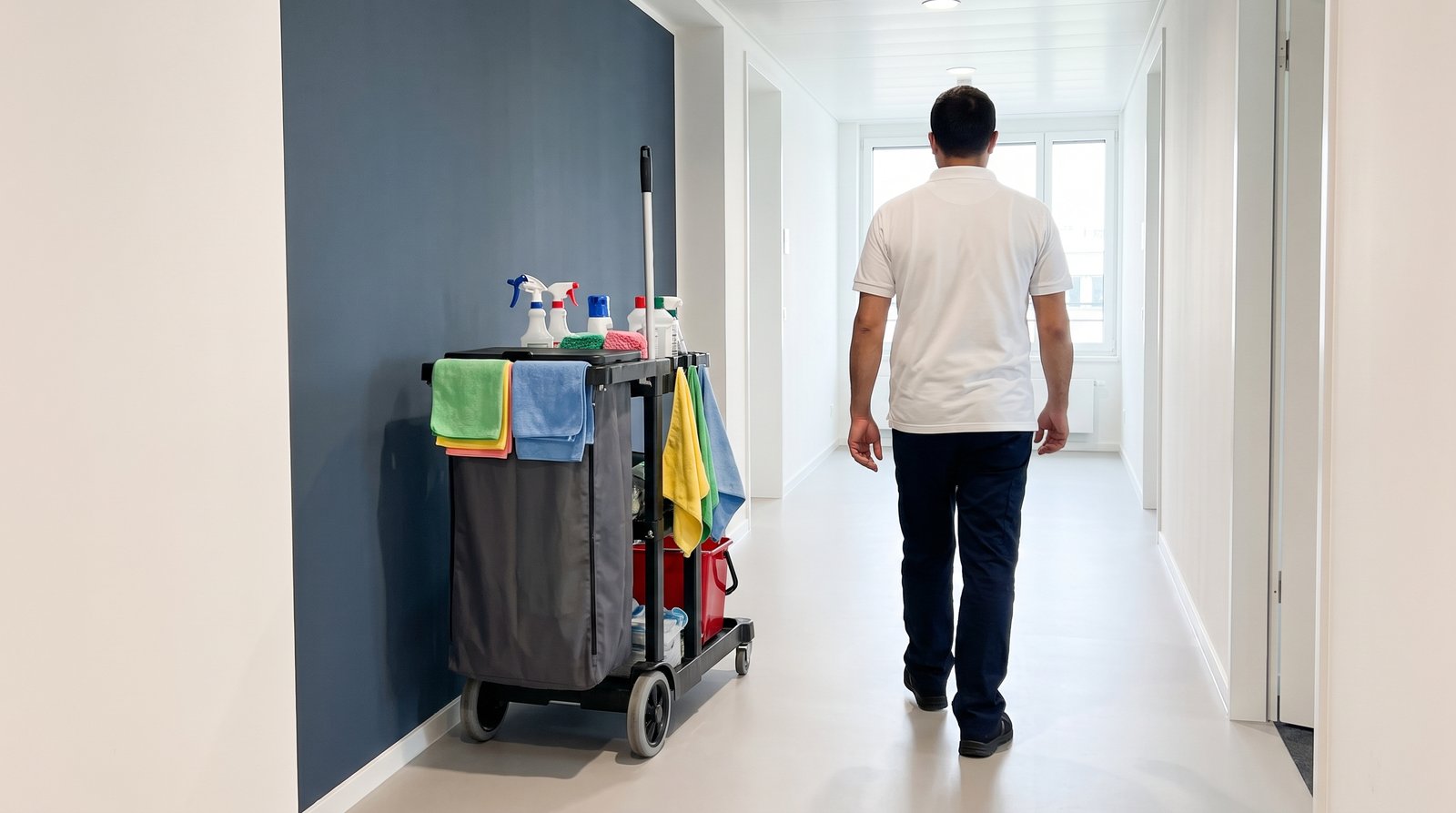 Büroreinigung Düsseldorf Reinigungswagen im Büroflur