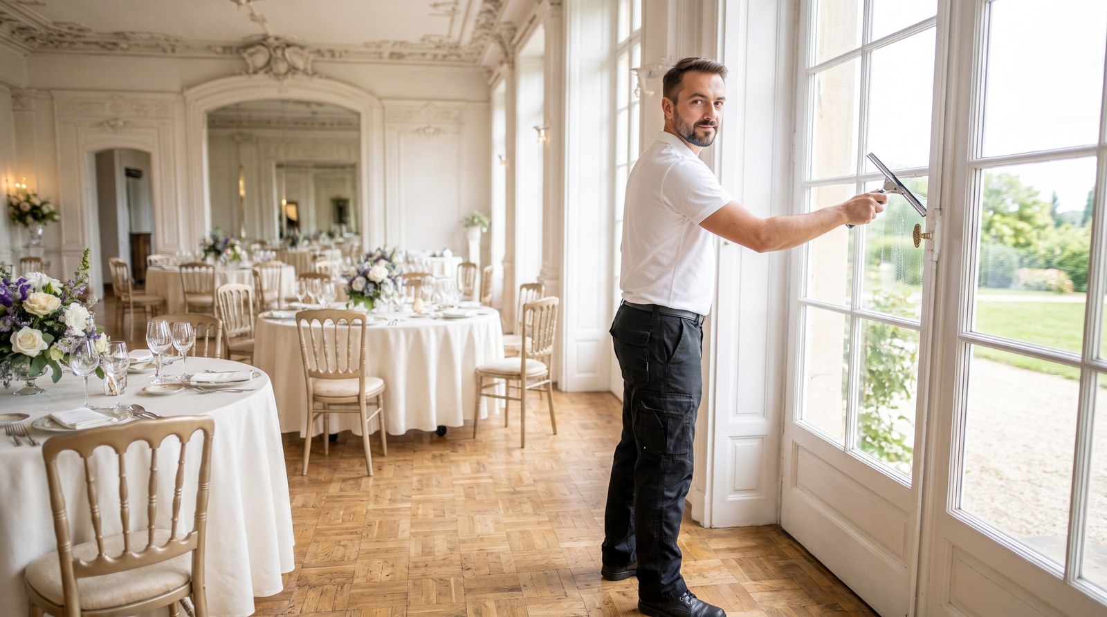 Glasreinigung in der Eventlocation Eventreinigung: FERMA reinigt die Glastüren einer Eventlocation streifenfrei
