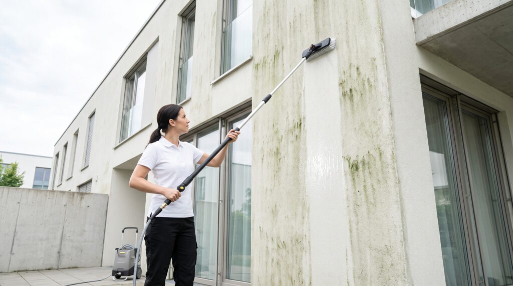 Biologische Fassadenreinigung an einer Hausfassade mit Grünbelag