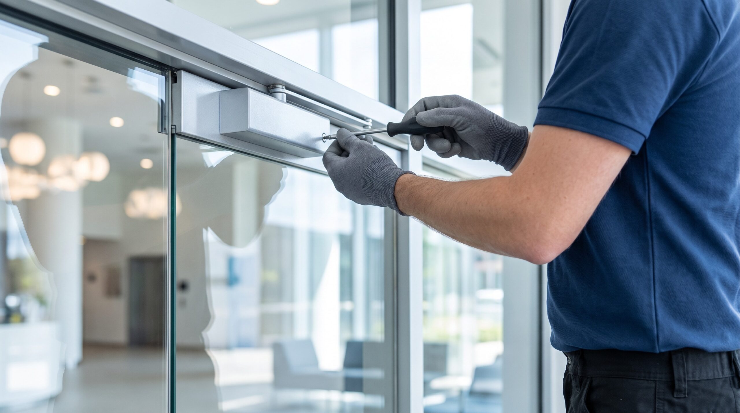 Hausmeister justiert den Türschließer an einer Glaseingangstür