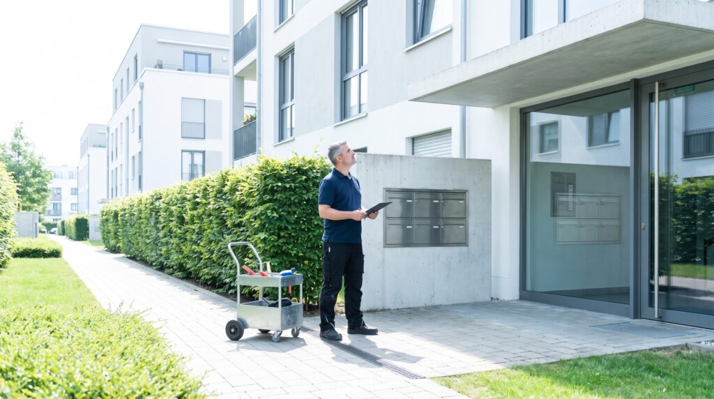 Hausmeister kontrolliert ein Mehrfamilienhaus bei der Objektbetreuung