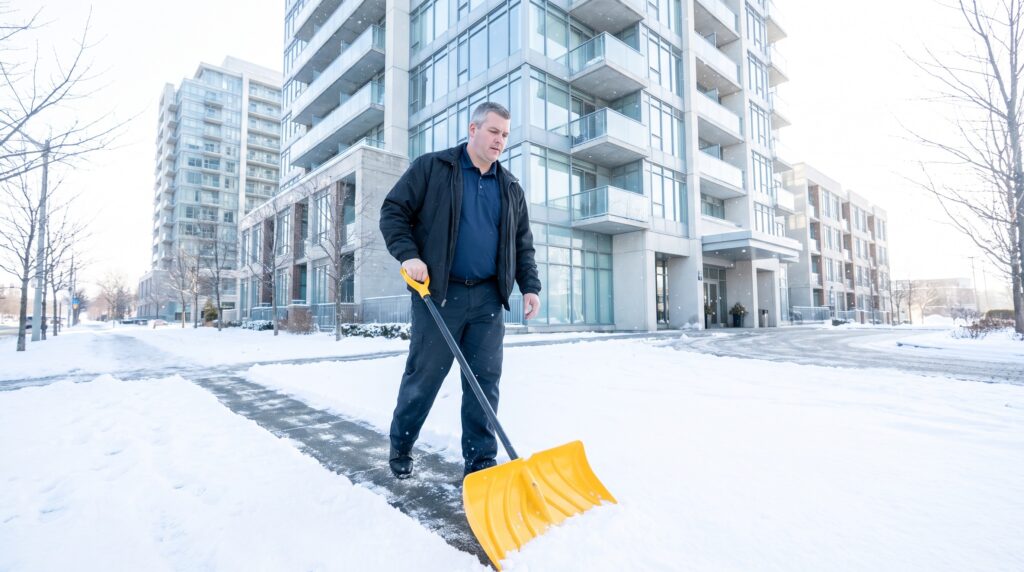 Eingeschränkter Winterdienst: Mitarbeiter räumt einen Streifen Gehweg vor einem Gebäude frei