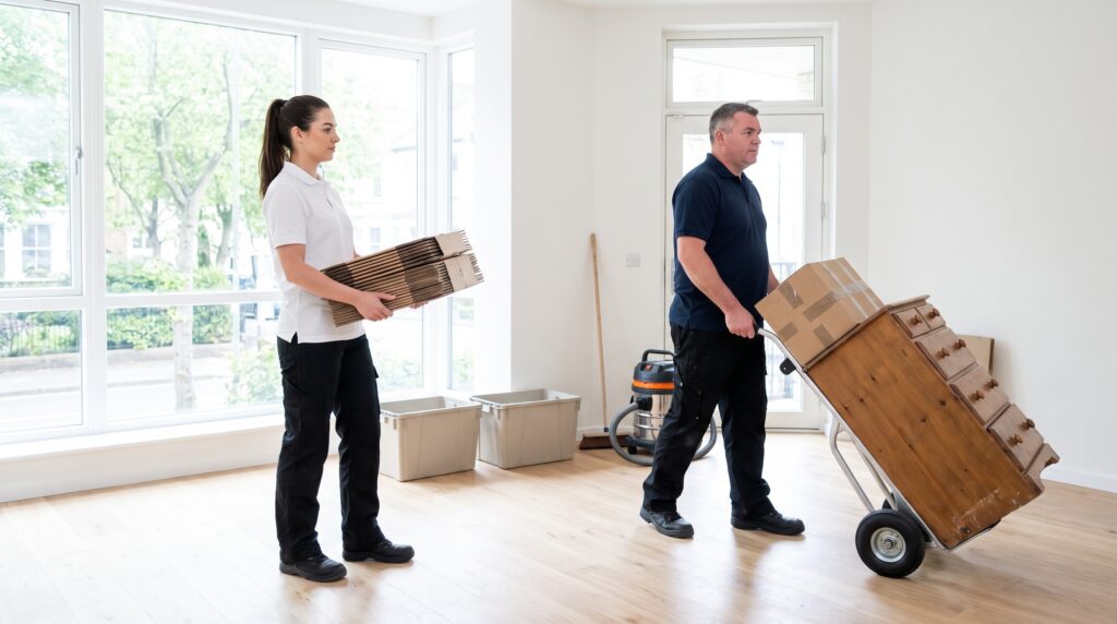 Zwei Mitarbeiter einer Entrümpelungsfirma räumen eine helle Wohnung mit Sackkarre und Umzugskartons
