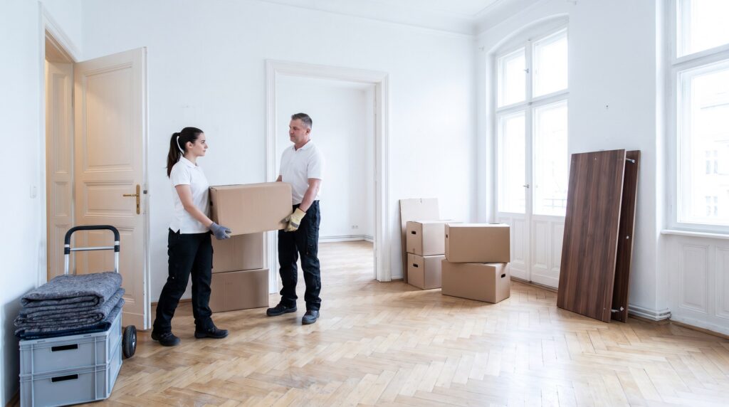 Zwei Mitarbeiter tragen Umzugskartons aus einer leergeräumten Altbauwohnung bei einer Entrümpelung