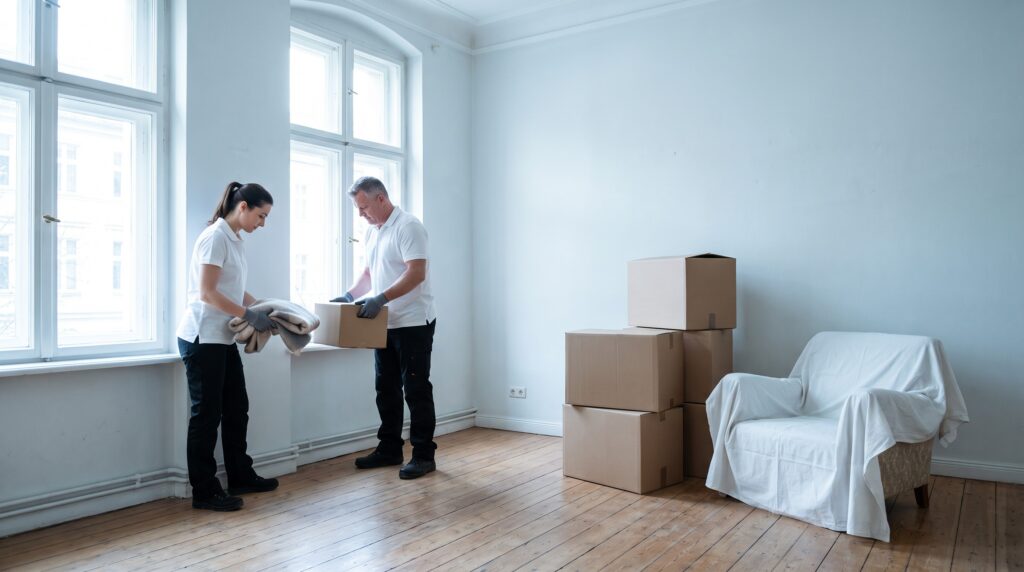 Zwei Mitarbeitende räumen eine helle, fast leere Altbauwohnung nach einem Todesfall