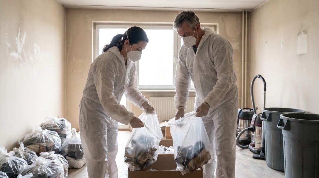 Zwei Fachkräfte räumen nach einem Wohnungsbrand eine Wohnung in Schutzanzügen und mit FFP2-Masken