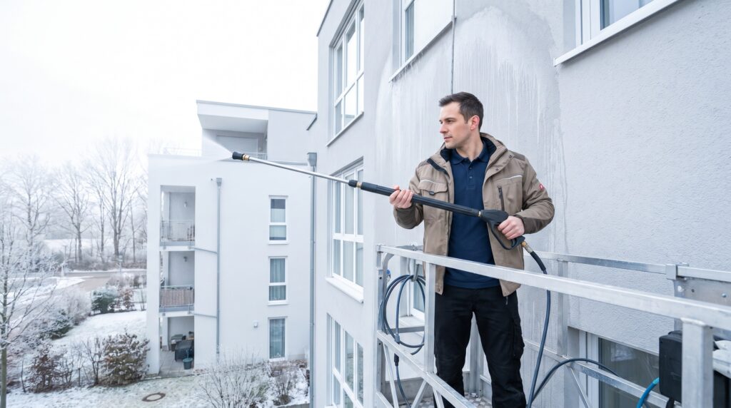 Fassadenreinigung im Winter an einer hellen Putzfassade von der Arbeitsbühne