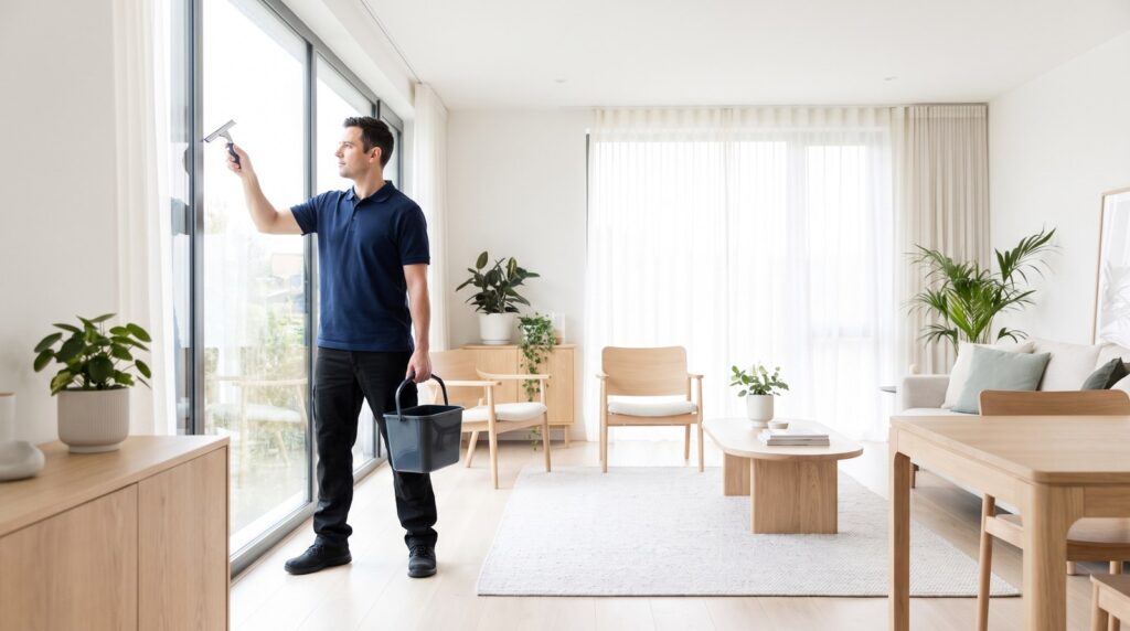 Fensterputzer im Privathaushalt bei der Fensterreinigung im hellen Wohnraum