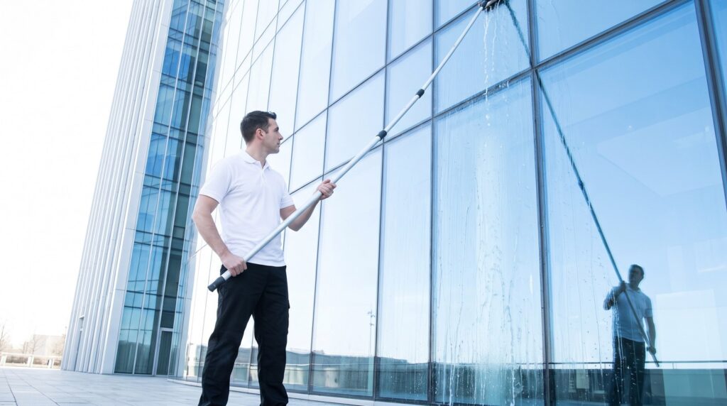 Fensterreinigung mit Osmose: Fensterputzer reinigt eine hohe Glasfassade mit der Teleskopstange