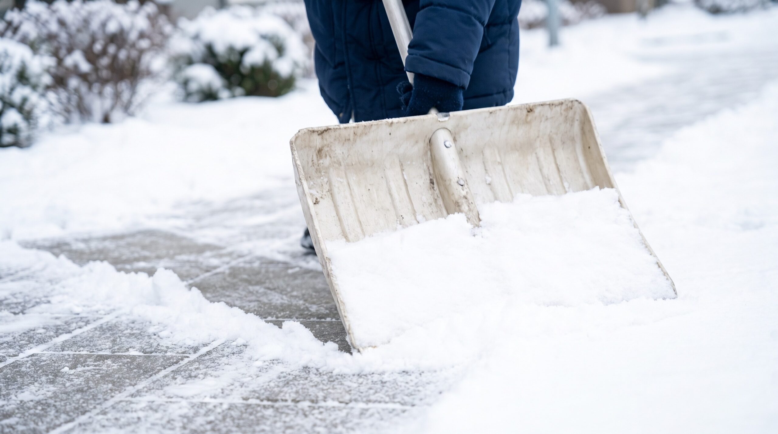 Gehweg Schnee räumen: Schneeschieber mit Kunststoffkante schiebt Neuschnee vom Gehwegbelag