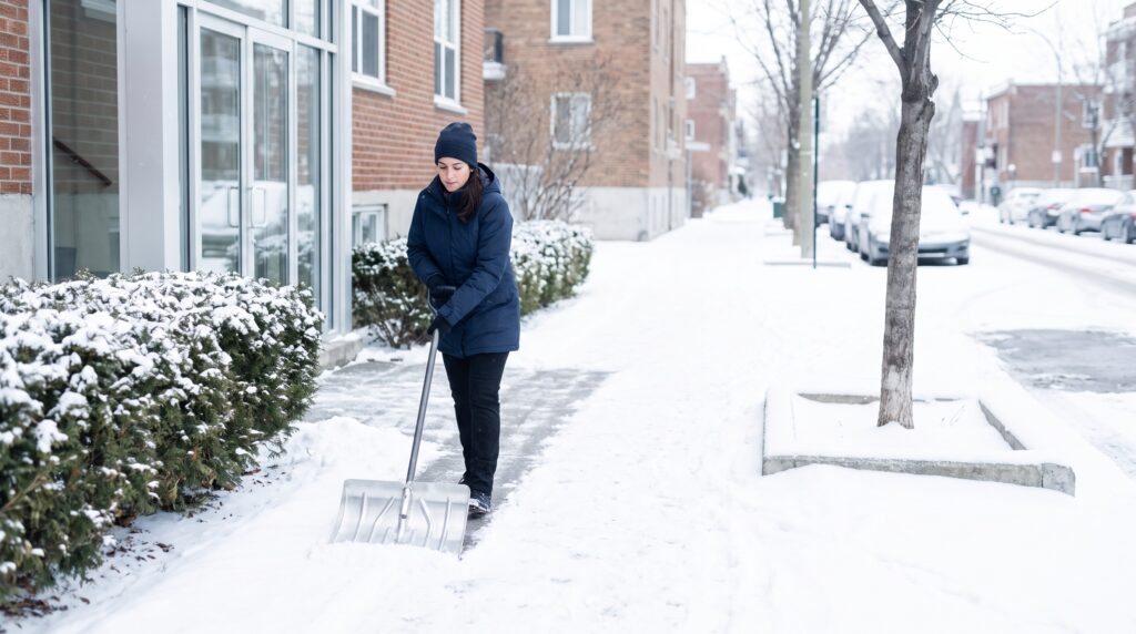 Gehweg Schnee räumen: Mitarbeiterin schiebt den Neuschnee vom Bürgersteig und legt eine breite freie Spur an