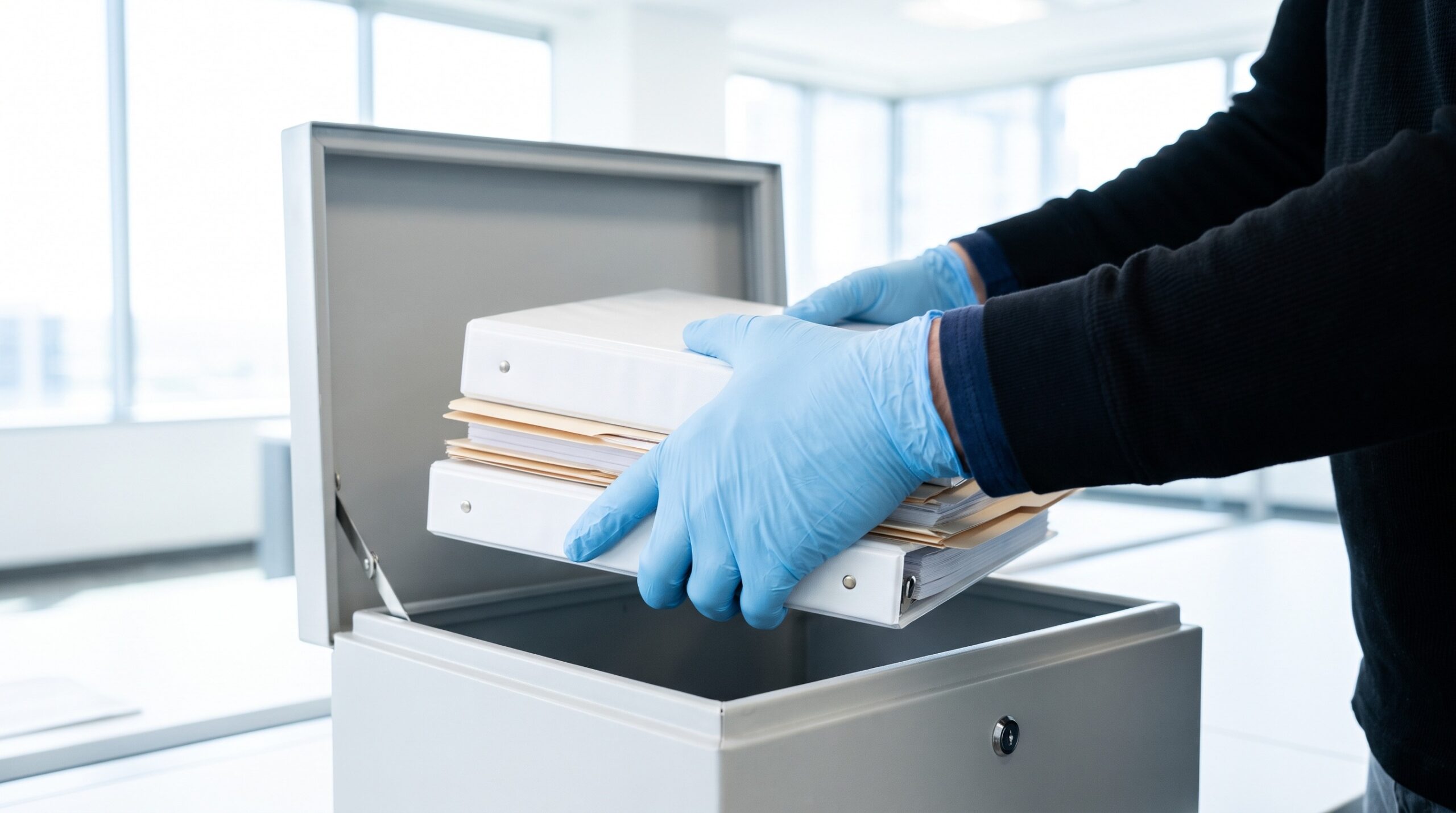 Aktenordner werden bei einer Geschaeftsaufloesung in einen Sicherheitsbehaelter zur zertifizierten Vernichtung gegeben