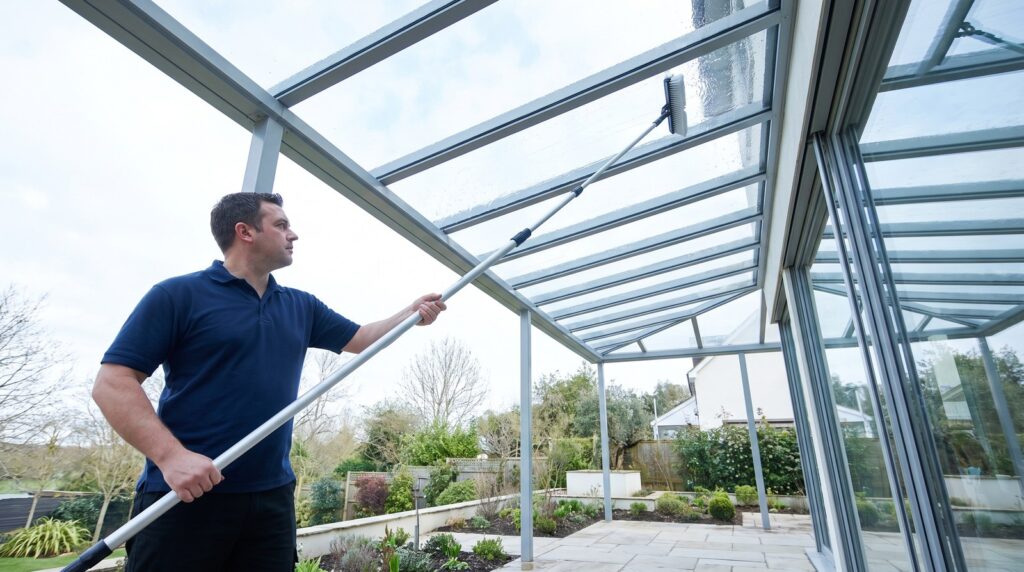 Reinigung eines Glasdachs mit Teleskopstange vom Boden aus