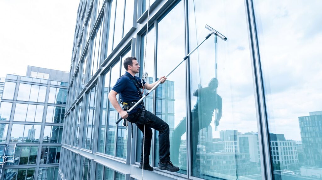 Glasreiniger reinigt eine Glasfassade mit Teleskopstange und reinem Wasser