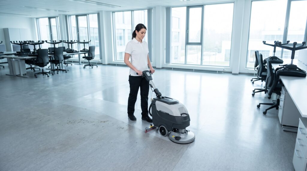 Reinigungskraft führt eine Grundreinigung des Bodenbelags in einem hellen Büro durch