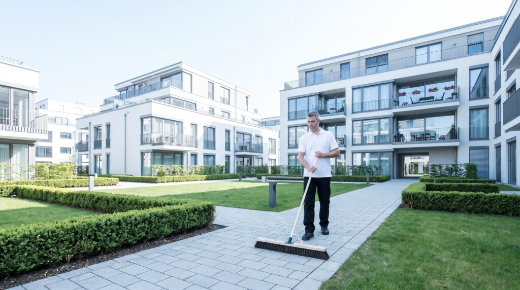 Hausmeister kehrt den gepflasterten Innenhof einer modernen Wohnanlage, Beispiel für Hausmeister Kosten pro qm