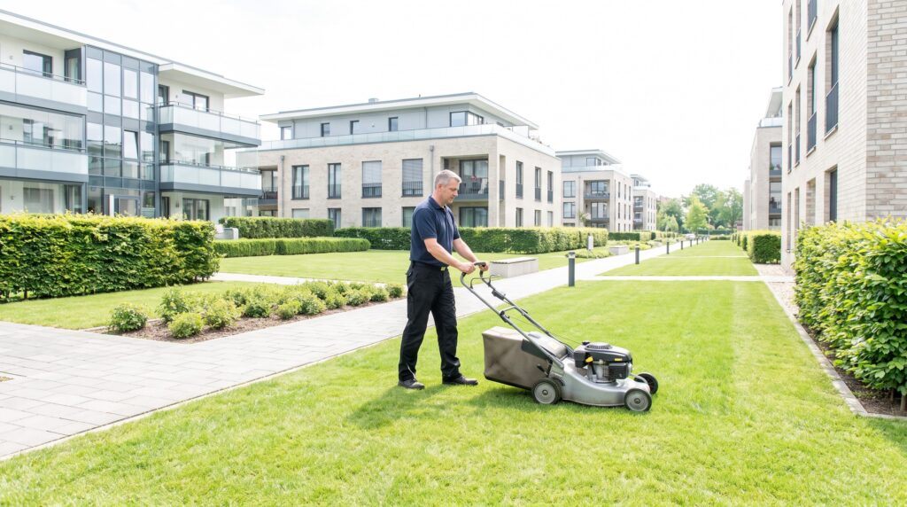 Hausmeister mäht den Rasen einer Wohnanlage im Rahmen der Gartenpflege