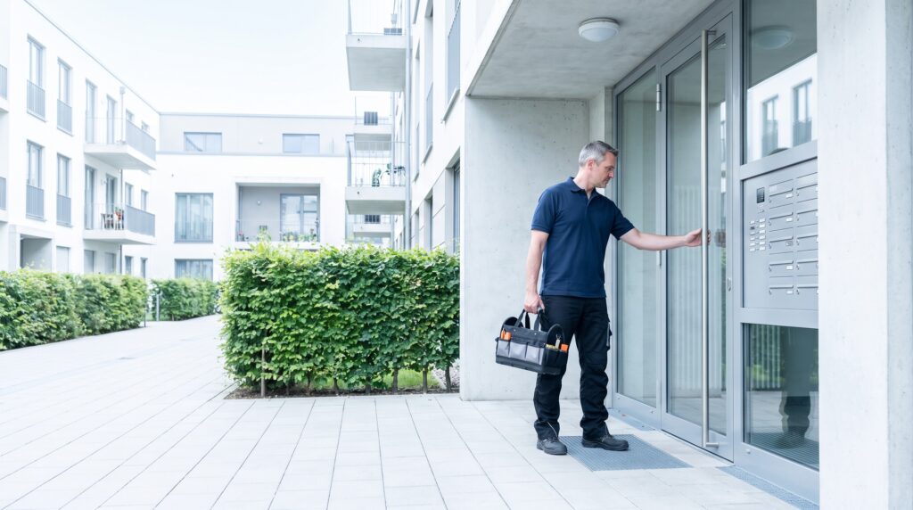 Hausmeister eines Hausmeisterservice prüft den Eingangsbereich einer Wohnanlage in Düsseldorf