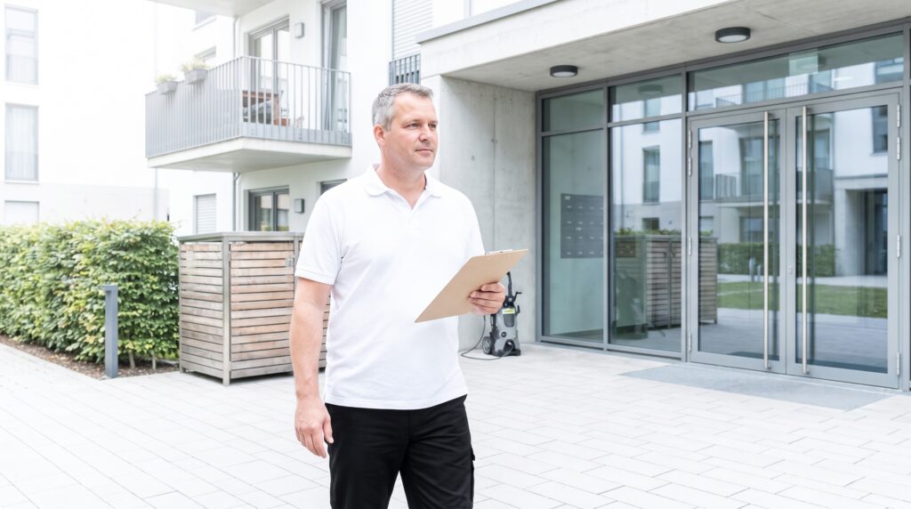 Hausmeister prüft bei einem Kontrollgang den Eingangsbereich eines Mehrfamilienhauses