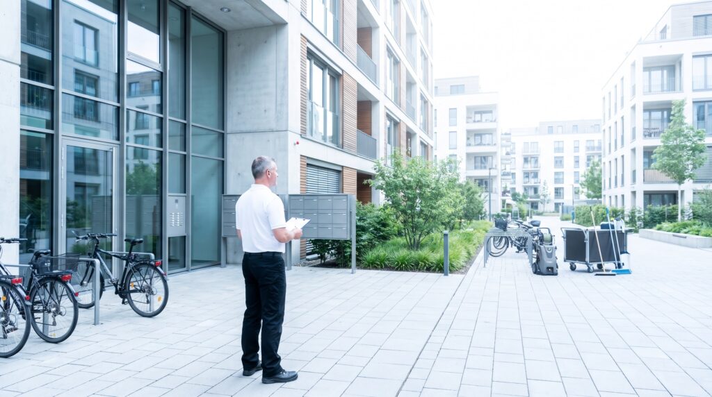 Hausmeister des Hausmeisterservice kontrolliert den Eingangsbereich und die Außenanlagen einer Wohnungseigentümergemeinschaft