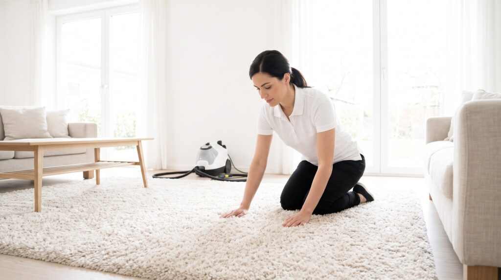 Hochflor Teppich reinigen: Reinigungskraft bearbeitet einen hellen Hochflorteppich im Wohnraum