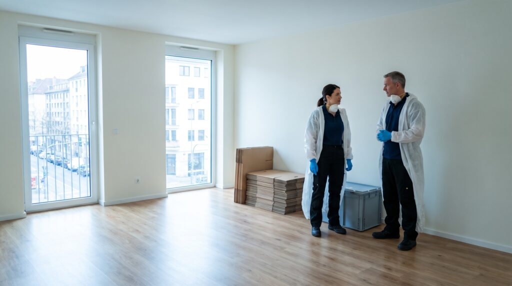 Zwei Fachkräfte in Schutzoveralls und Handschuhen besprechen sich in einer bereits geräumten, hellen Wohnung