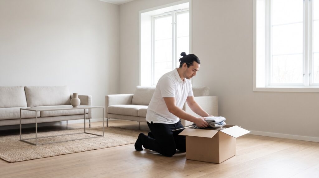 Minimalismus für Anfänger: Person räumt in einem hellen, minimalistischen Wohnzimmer auf