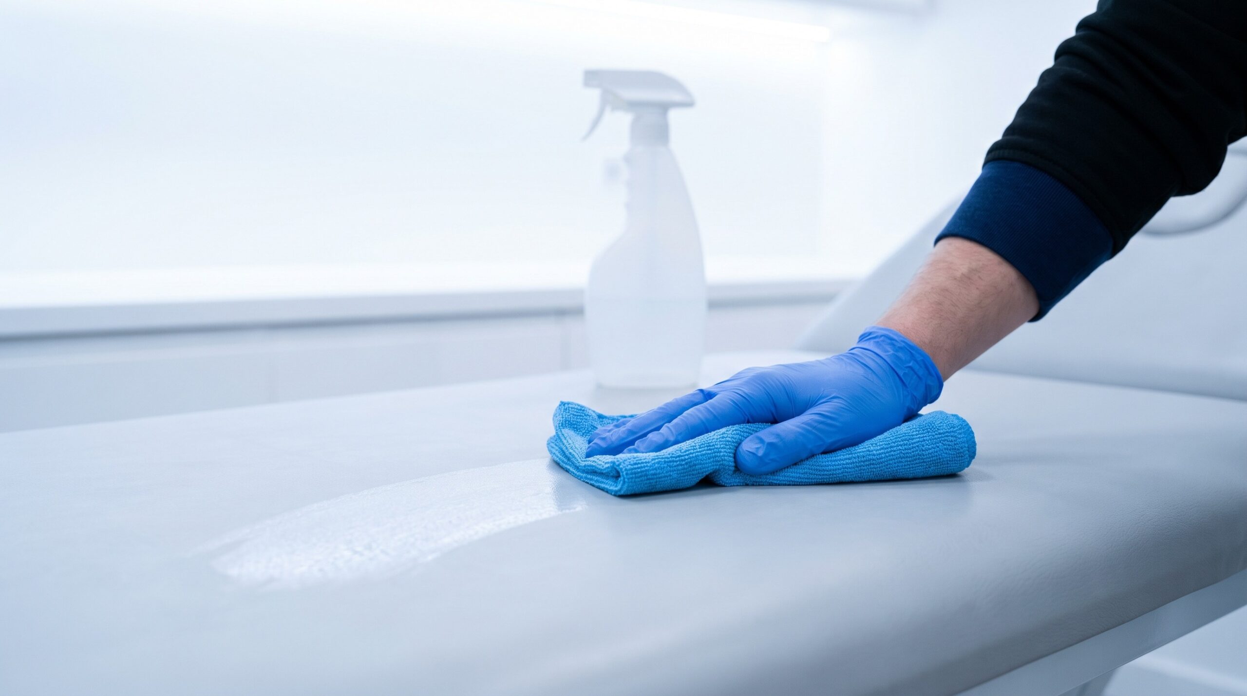 Flächendesinfektion einer Behandlungsliege bei der Praxisreinigung