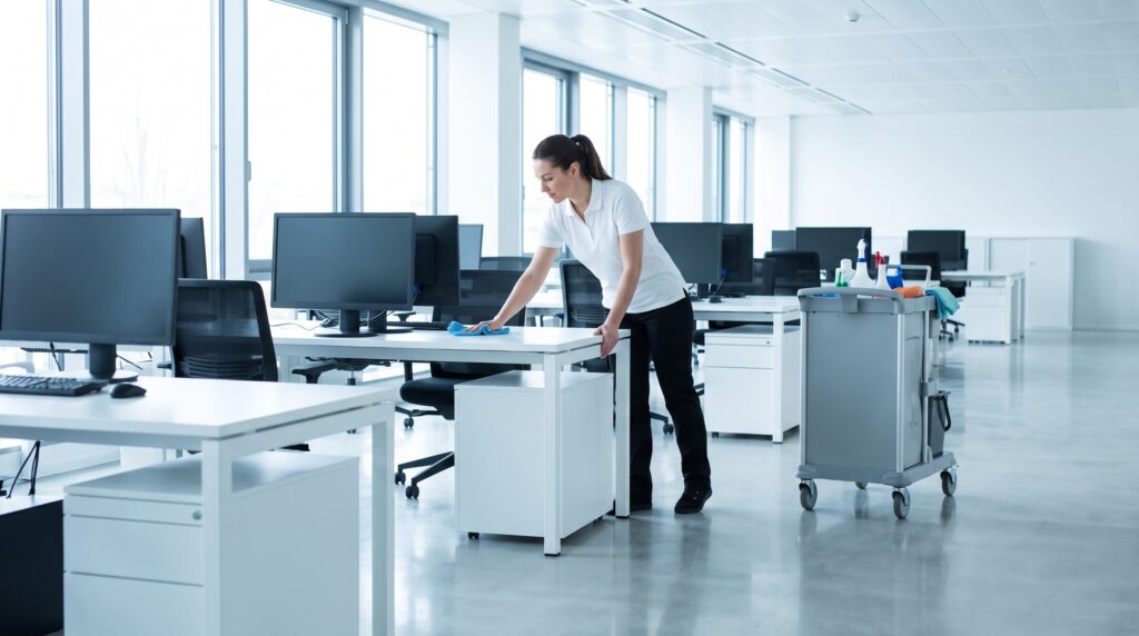 Reinigungskraft im Büro wischt einen Schreibtisch in einem hellen Großraumbüro