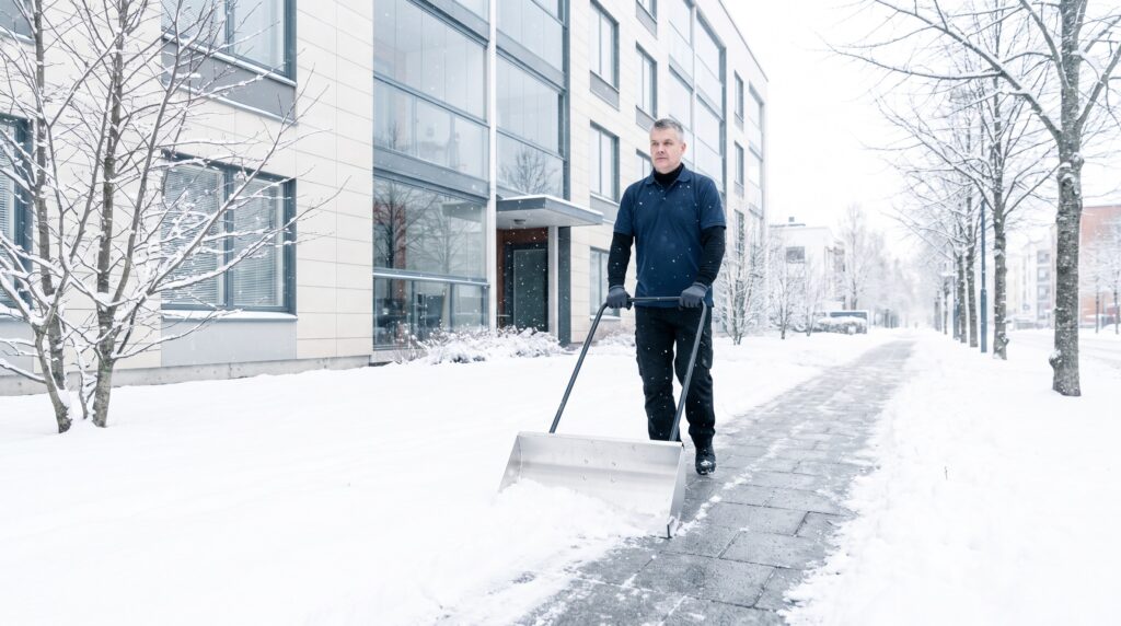 Mitarbeiter räumt mit dem Schneeschieber einen Gehweg vor einem Wohnhaus frei