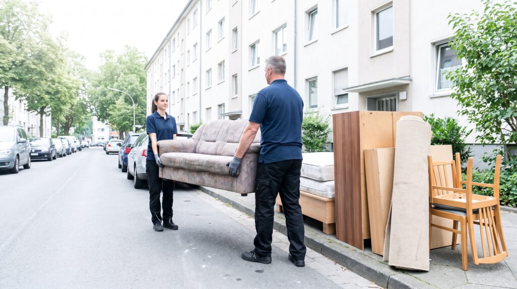 Zwei Mitarbeiter tragen ein Sofa zu einem sortierten Sperrmüllstapel am Straßenrand