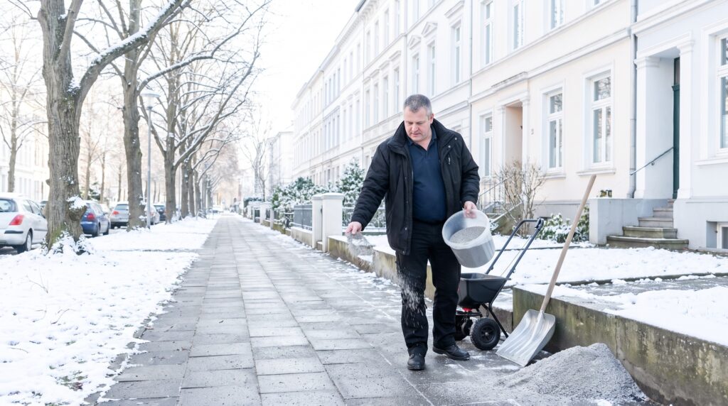 Winterdienst-Mitarbeiter streut Splitt von Hand auf einen geräumten Gehweg in einer Wohnstraße