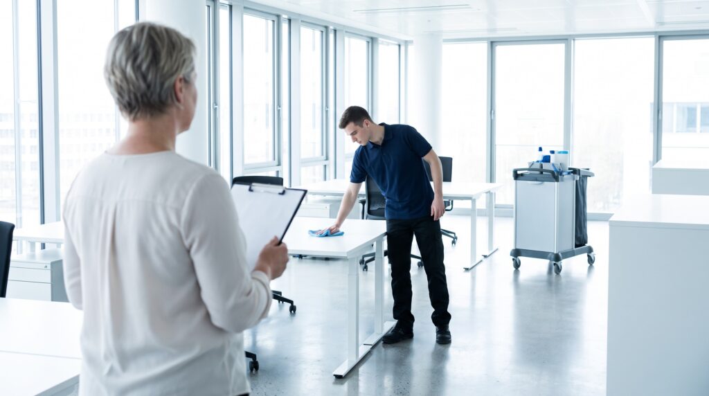 Facility Managerin prüft mit Klemmbrett die Unterhaltsreinigung in einem hellen Großraumbüro