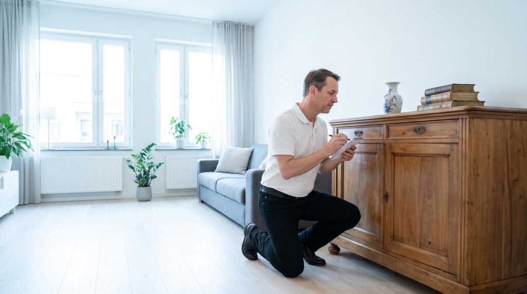 Was ist wertvoll bei Haushaltsauflösung: FERMA-Mitarbeiter begutachtet ein Massivholz-Sideboard