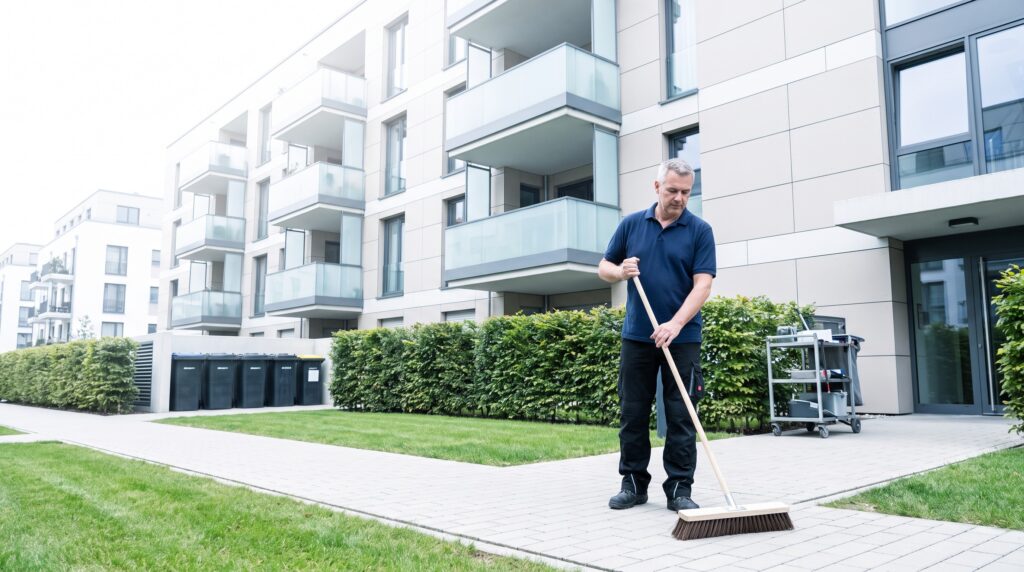 Hausmeister kehrt den Eingangsbereich eines Mehrfamilienhauses, daneben Grünanlage und Mülltonnenplatz