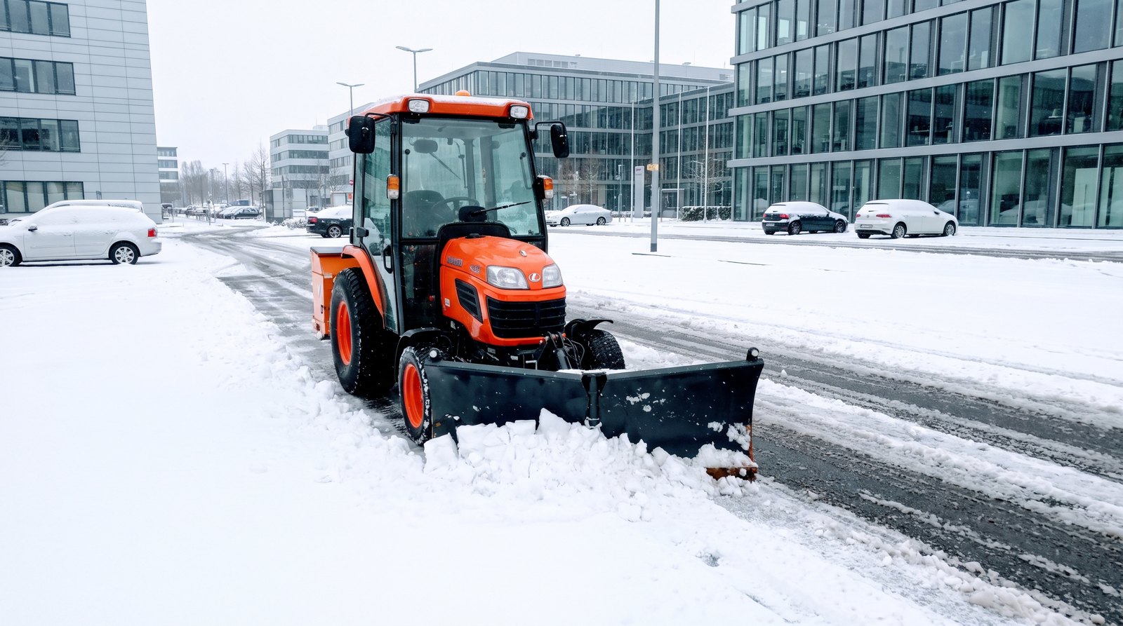 Schneepflug räumt Parkplatz beim Winterdienst in Düsseldorf