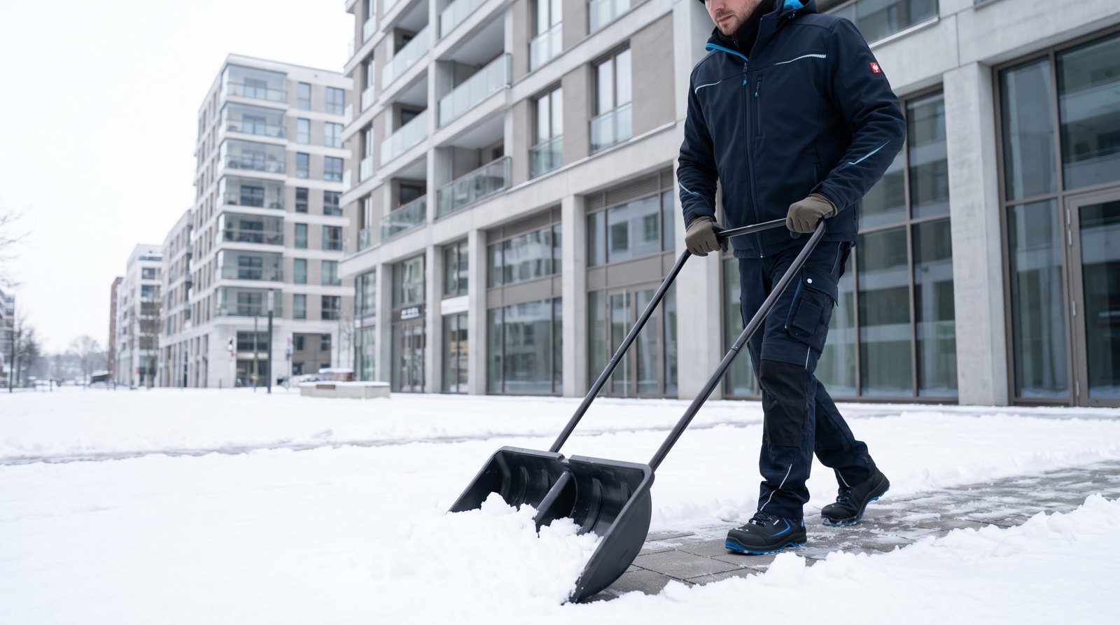 Schneeräumung auf dem Gehweg beim Winterdienst in Düsseldorf
