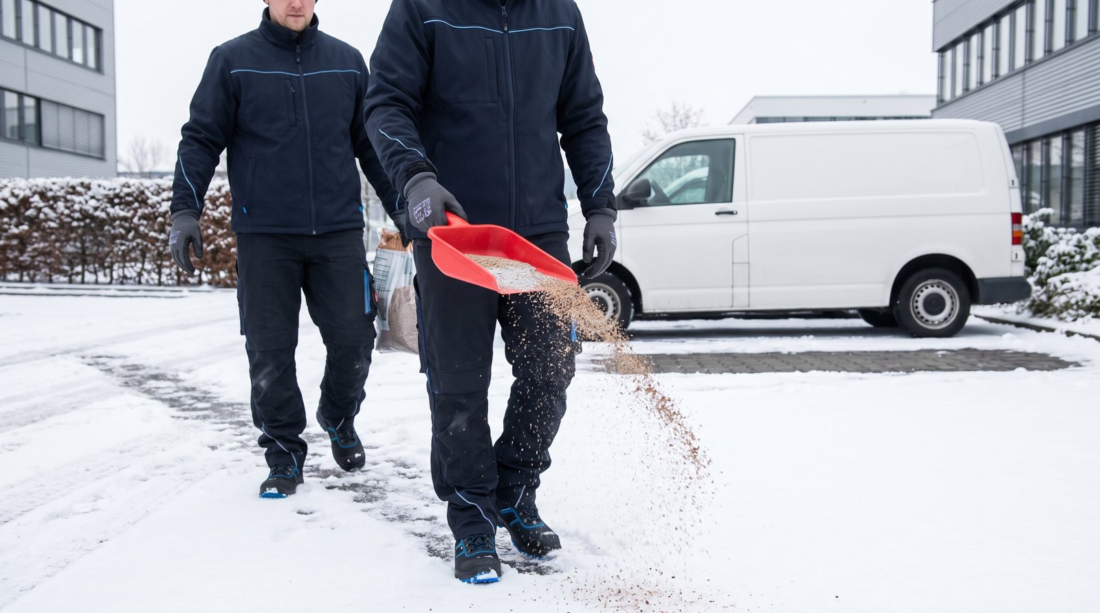 Streudienst auf dem Parkplatz beim Winterdienst in Düsseldorf