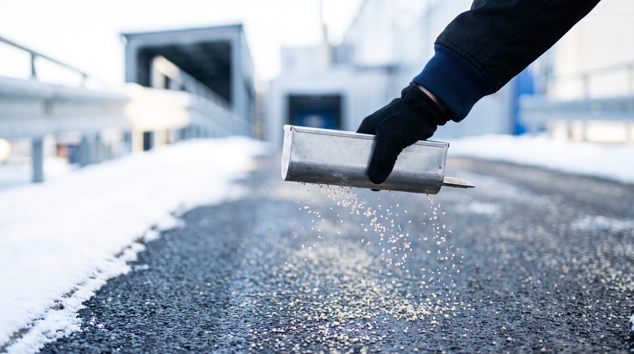 Streugut auf einer geräumten Gewerbefläche im Winterdienst