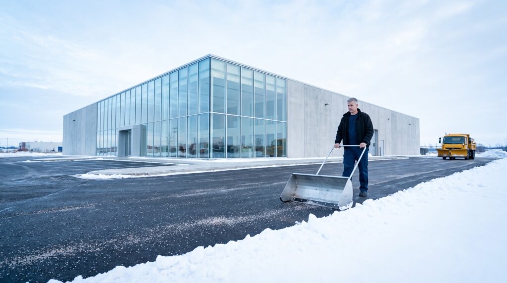 Geräumter und gestreuter Kundenparkplatz vor einem Gewerbegebäude im Winter