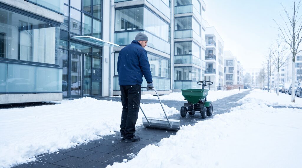 Winterdienst in Düsseldorf: Mitarbeiter schiebt Schnee vom Gehweg vor einem Mehrfamilienhaus, Streuwagen im Hintergrund