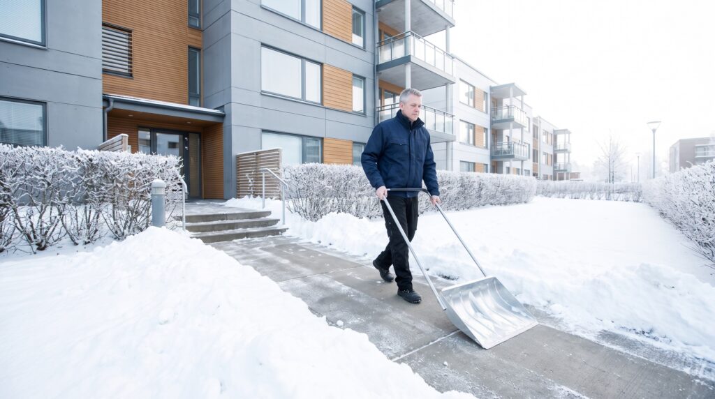 Mitarbeiter räumt den Gehweg vor einem Mehrfamilienhaus, Winterdienst für Mieter und Vermieter