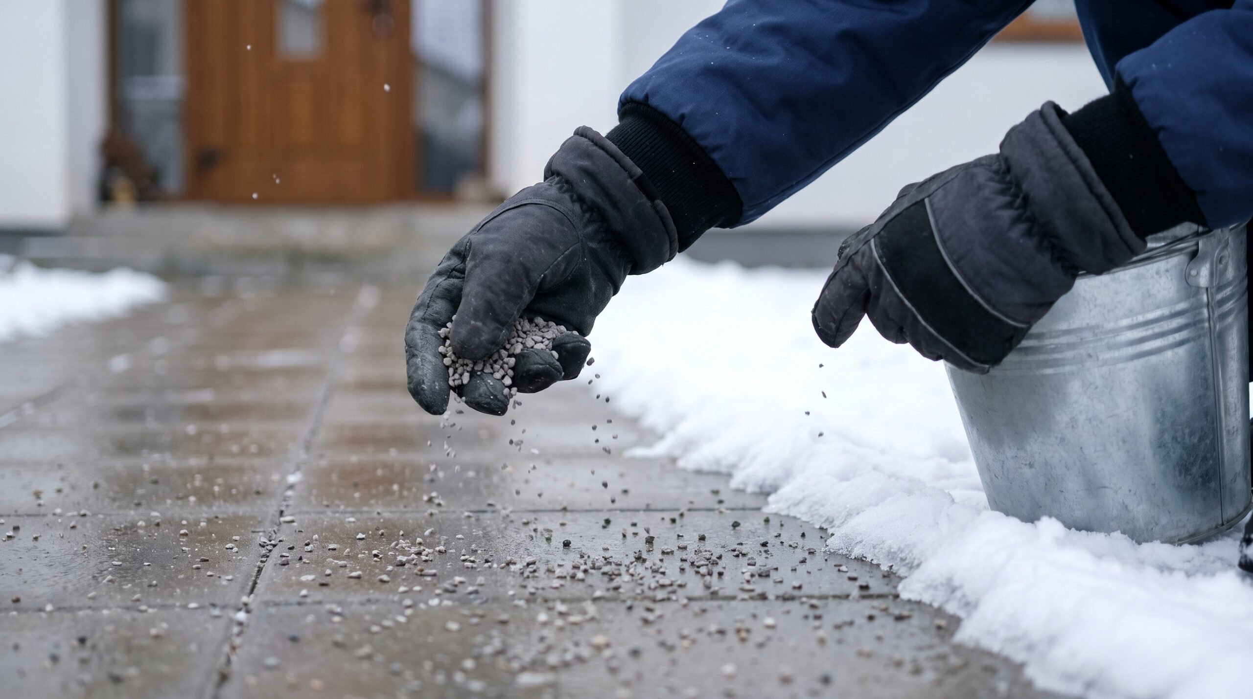 Streugut auf geräumtem Weg beim Winterdienst Privatgrundstück