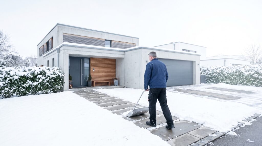 Mitarbeiter räumt die Zuwegung eines Einfamilienhauses beim Winterdienst auf dem Privatgrundstück