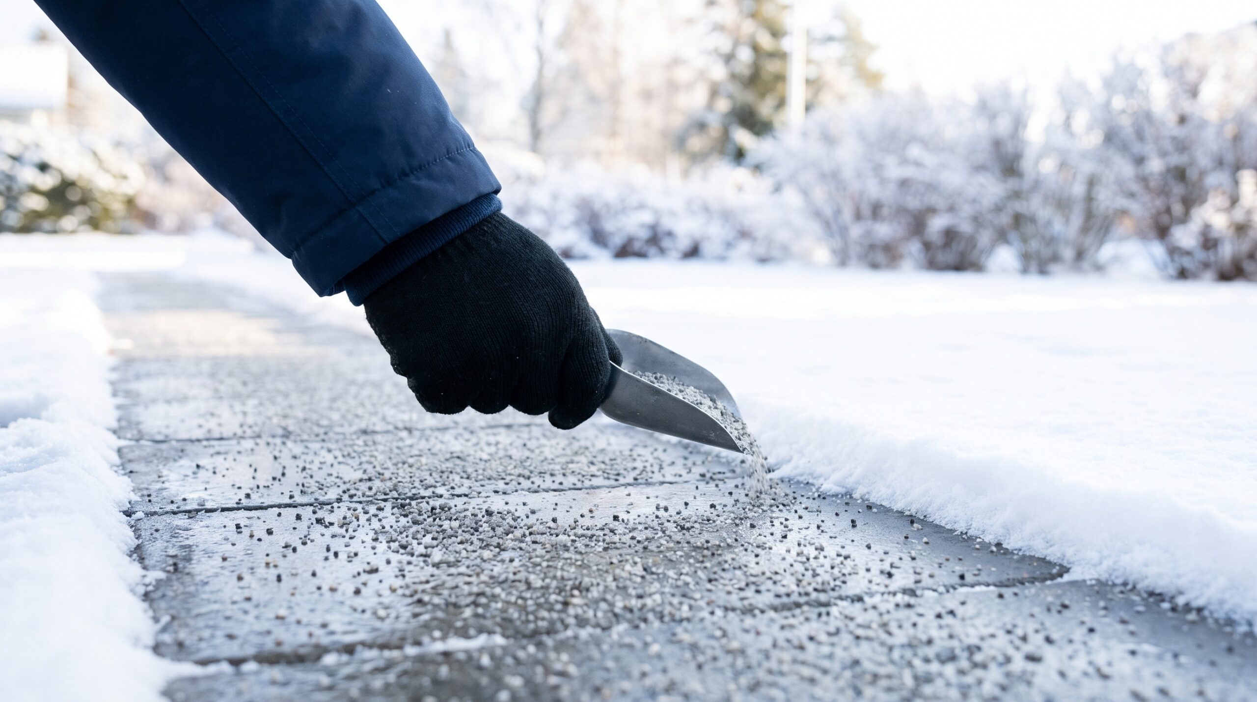 Winterdienst Vertrag Streugut auf geraeumtem Gehweg