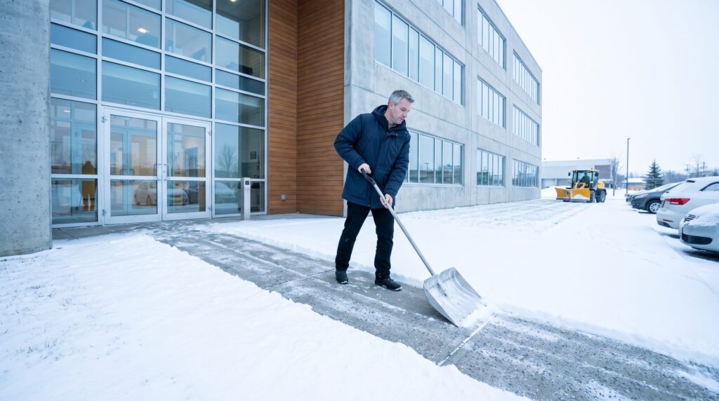 Fachkraft räumt am frühen Wintermorgen den Gehweg vor einem Gewerbegebäude