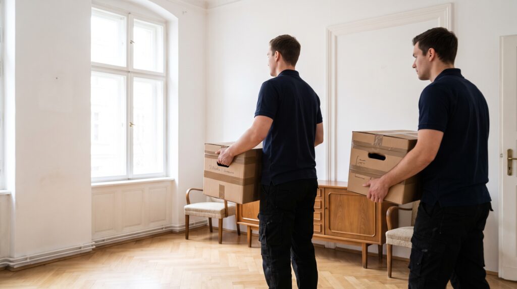 Zwei Mitarbeiter tragen beschriftete Umzugskartons aus einer hellen, leergeräumten Altbauwohnung